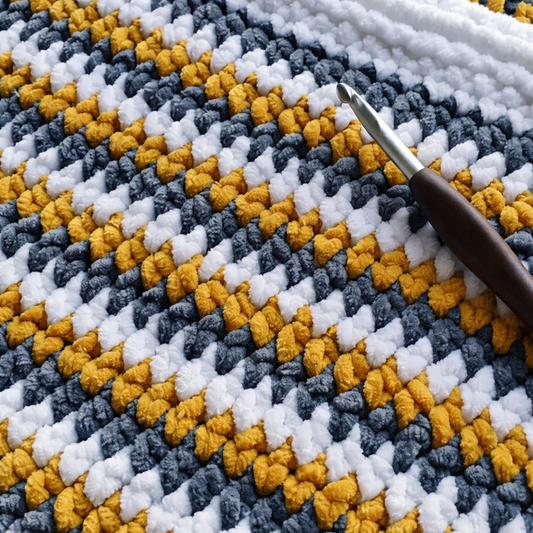 Chunky Crochet Baby Blanket – Mustard, Grey & White